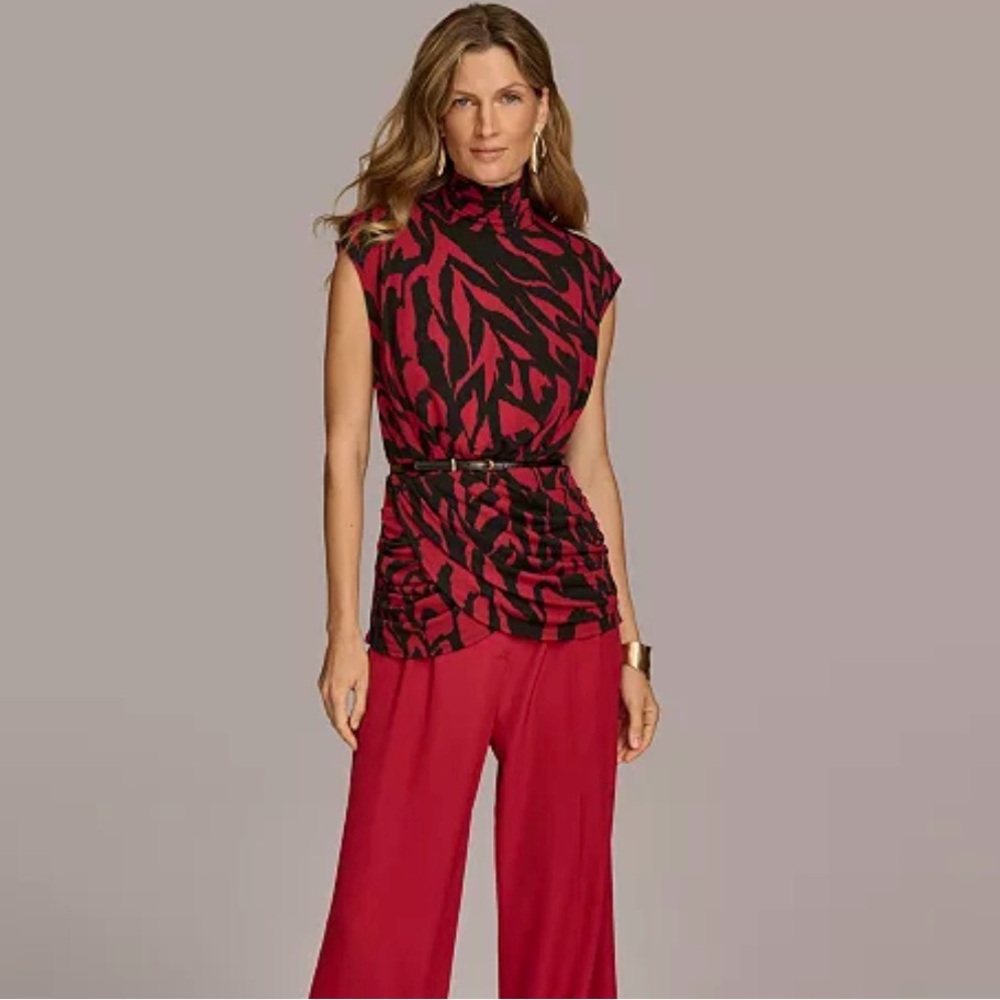 Donna Karan New York Red Black Belted Mock Neck Draped Top XS
